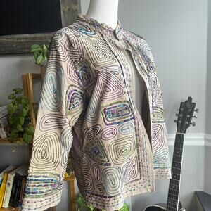 Vintage Y2K Lagenlook Art to Wear Cotton Embroidered Jacket Size Large